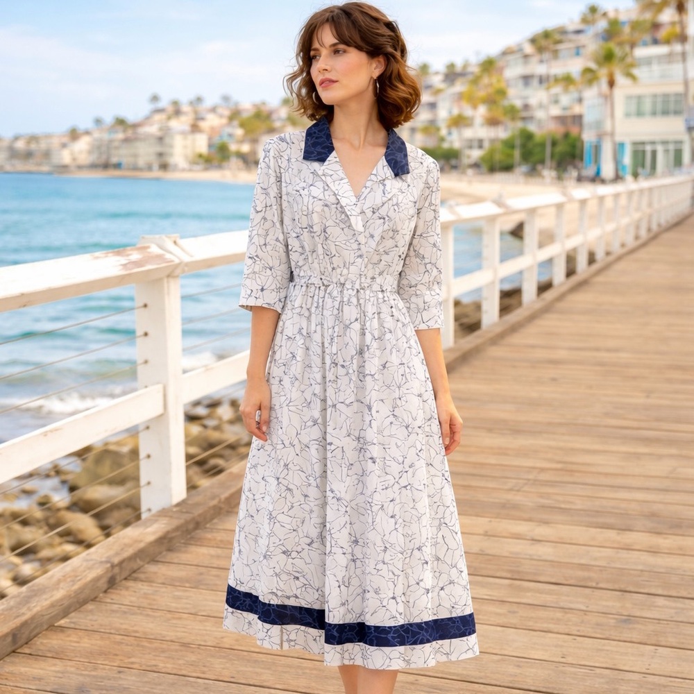 Farouche by Lori Weidner Vintage Midi Shirt Dress Navy White Power Coastal Sz 11